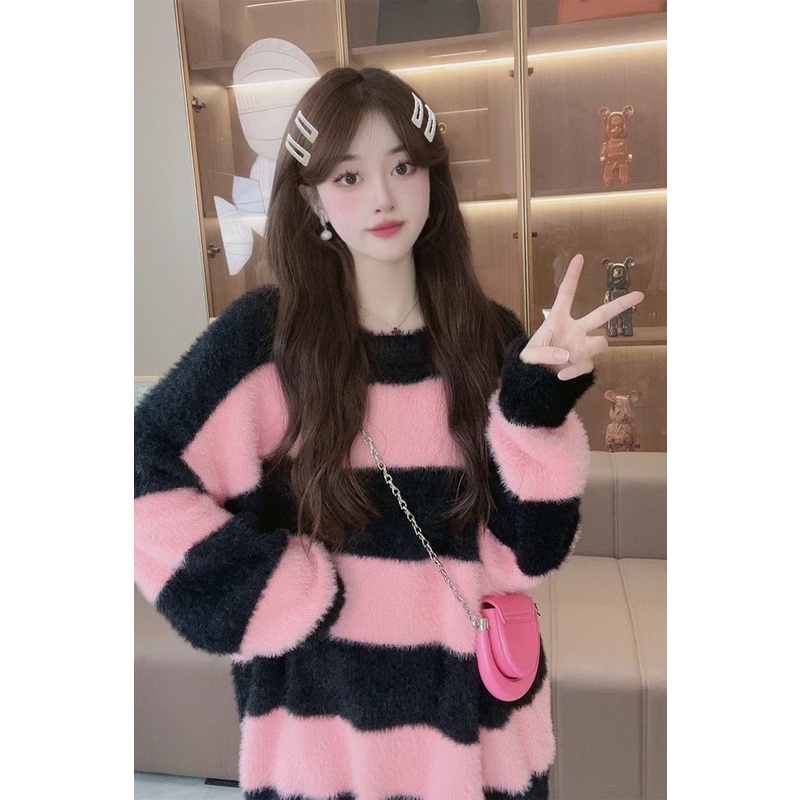 Áo sweater Giả Nhung Dáng Rộng Họa Tiết Kẻ Sọc Màu Tương Phản Thời Trang Thu Đông 2023 Cho Nữ