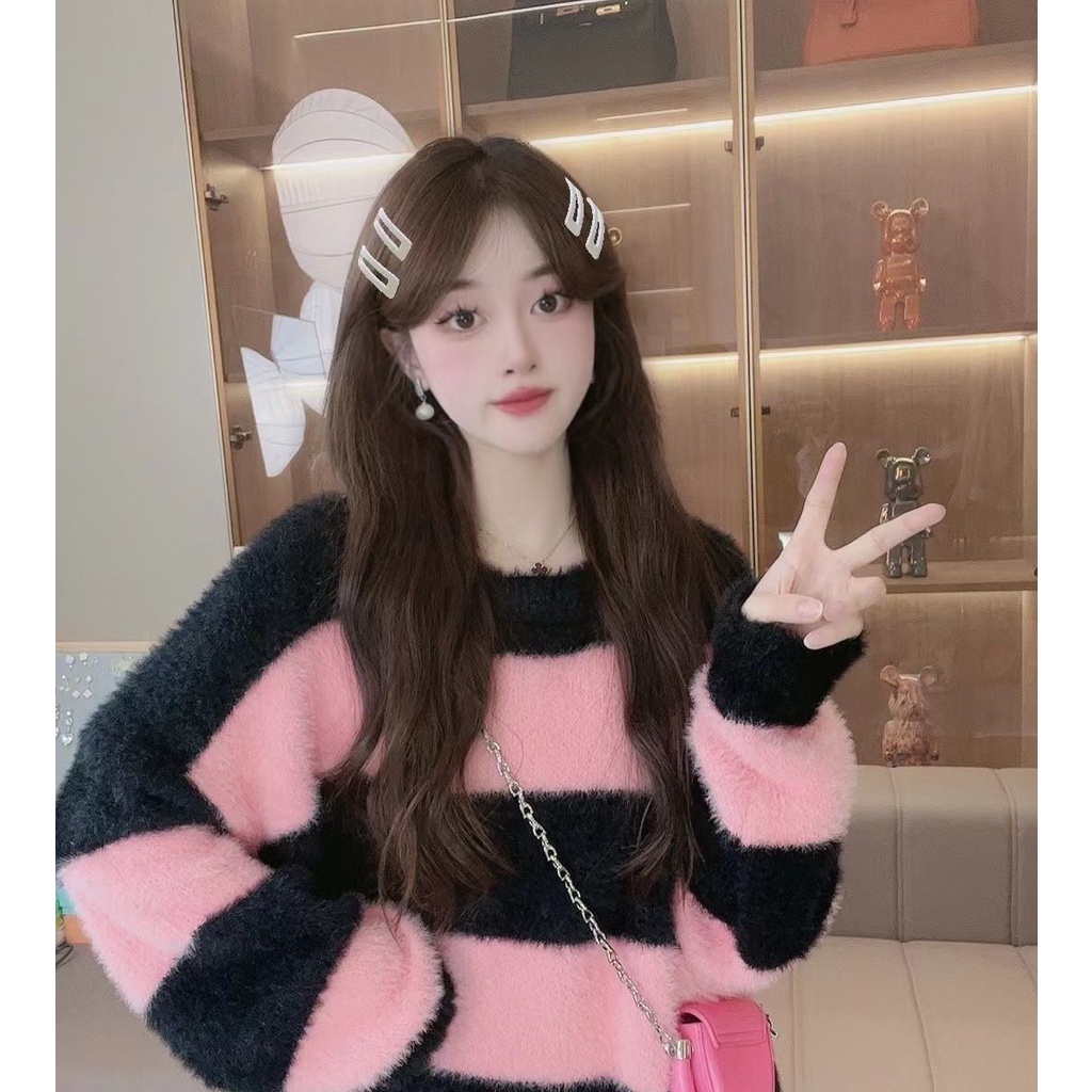 Áo sweater Giả Nhung Dáng Rộng Họa Tiết Kẻ Sọc Màu Tương Phản Thời Trang Thu Đông 2023 Cho Nữ