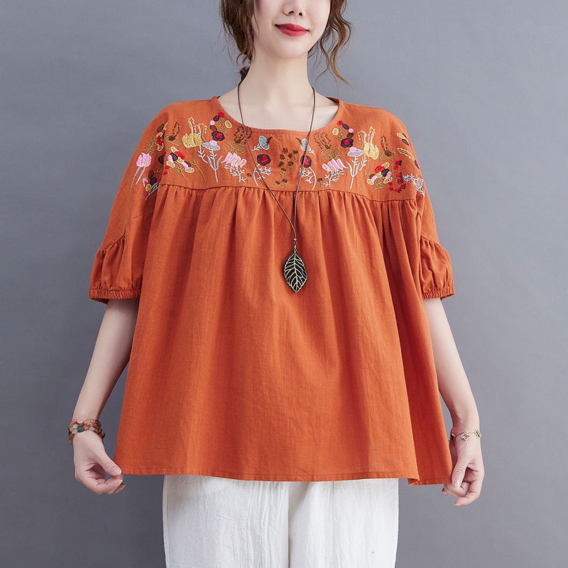 Áo Sơ Mi cotton Nguyên Chất Dáng Rộng Tay Ngắn Thêu Họa Tiết Dân Tộc Thời Trang Cho Nữ 2023 lf10.13