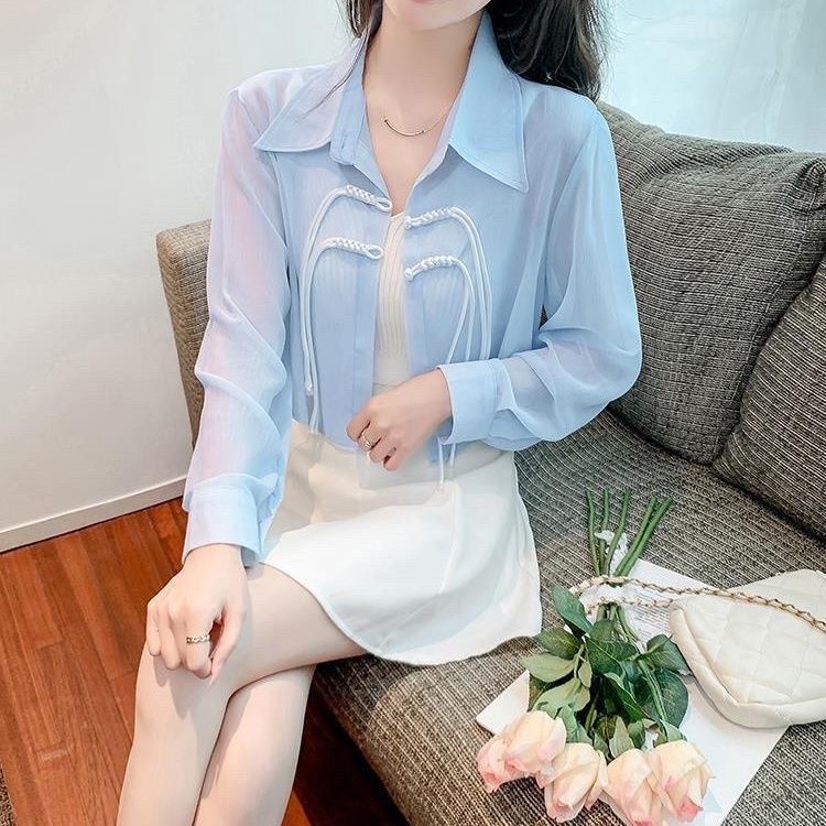 Áo Sơ Mi chiffon Mỏng Nhẹ Tay Dài Cài Nút Kiểu Trung Hoa Thời Trang Mùa Hè Cho Nữ