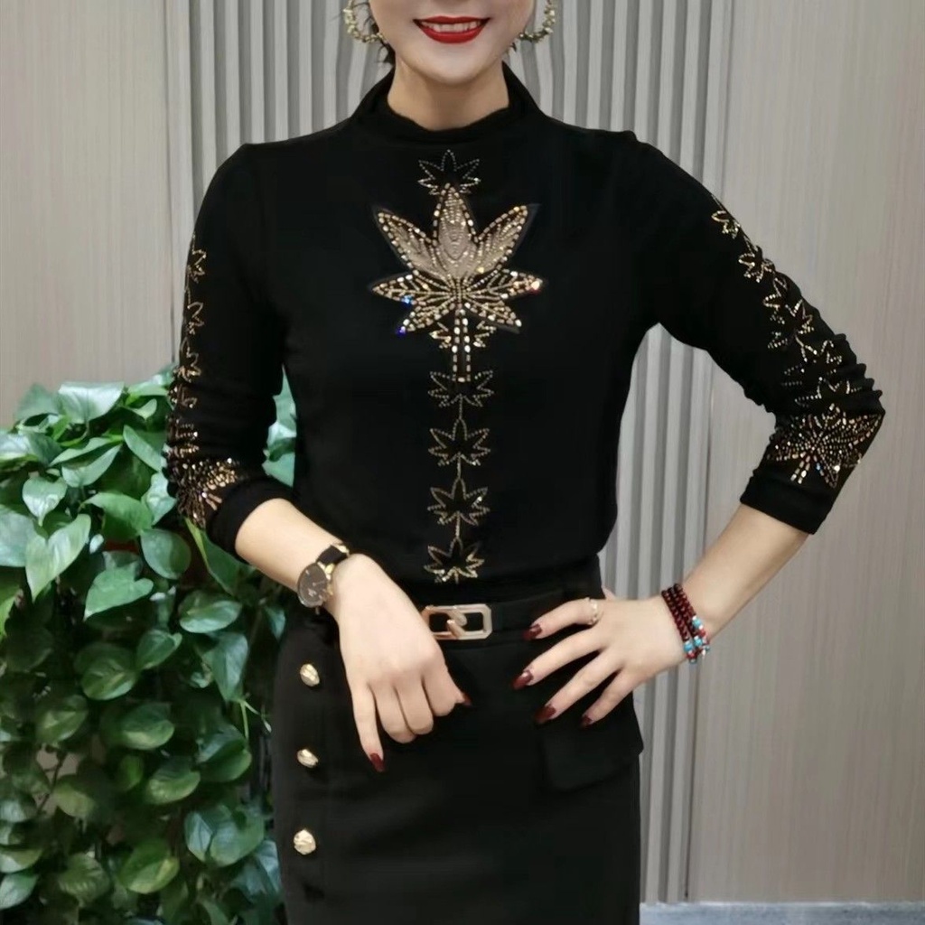 Áo Thun Tay Dài Cổ Cao Ôm Dáng Đính Kim Cương Giả Thời Trang Mùa Đông Kiểu Châu Âu Cho Nữ