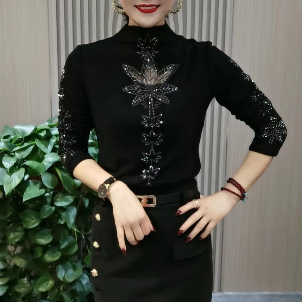 Áo Thun Tay Dài Cổ Cao Ôm Dáng Đính Kim Cương Giả Thời Trang Mùa Đông Kiểu Châu Âu Cho Nữ