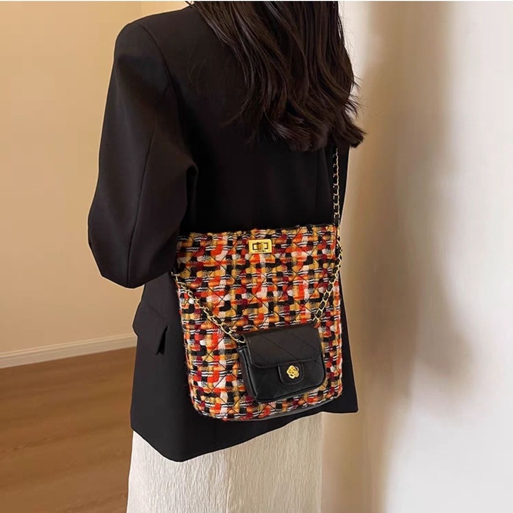 Túi Xách bucket Chất Len Cao Cấp Phong Cách retro Thời Trang Thu Đông 2023 Cho Nữ