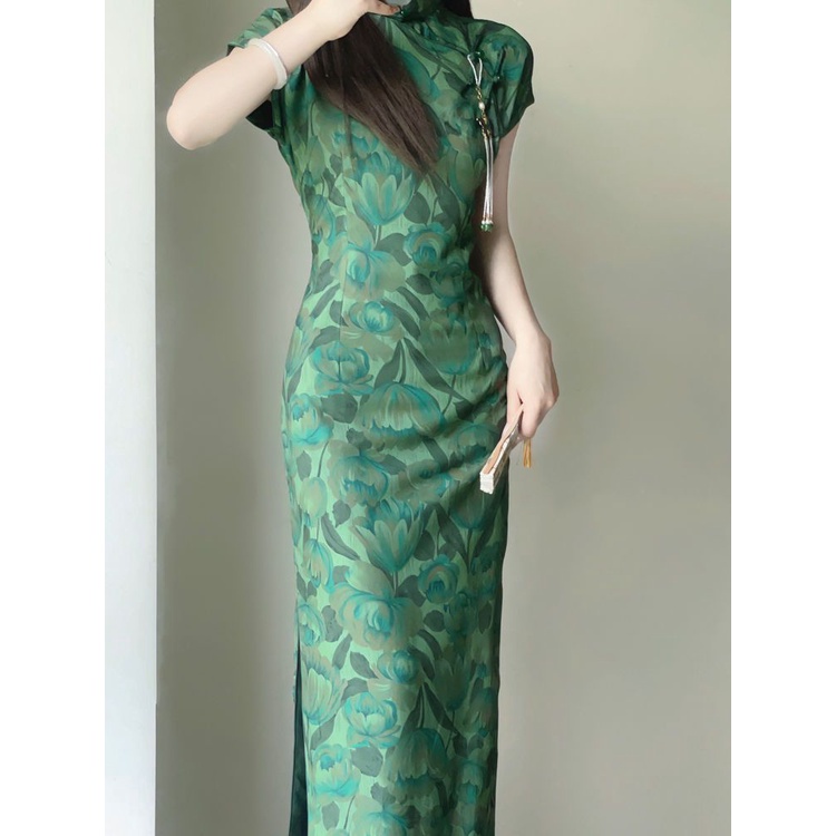 Sườn Xám Cách Tân Dáng Dài Chiết Eo In Họa Tiết Phong Cách Trung Hoa Cổ Điển 9.21