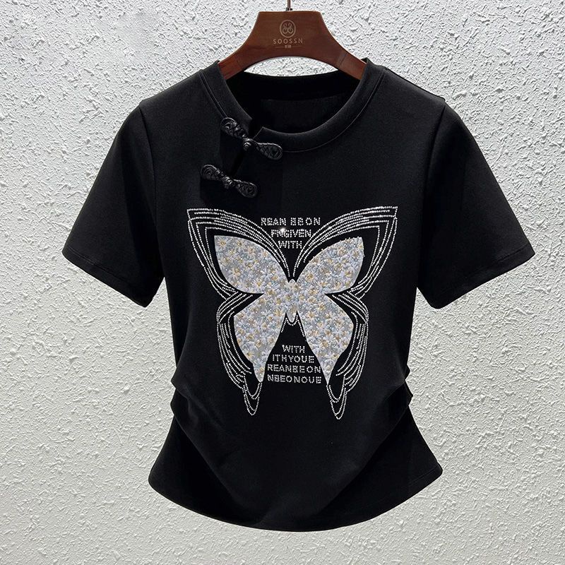 Áo Thun 40% Cotton Dáng Ôm In Hình Bướm Đính Đá Phong Cách Phương Tây Cho Nữ
