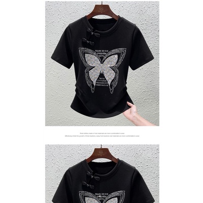 Áo Thun 40% Cotton Dáng Ôm In Hình Bướm Đính Đá Phong Cách Phương Tây Cho Nữ