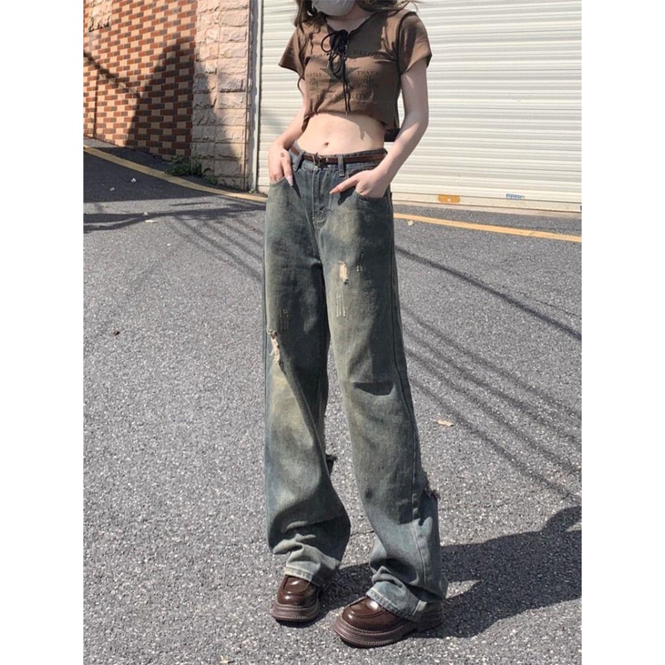 Quần jeans Dài Phối Vết Rách Cá Tính Thời Trang Cho Nữ