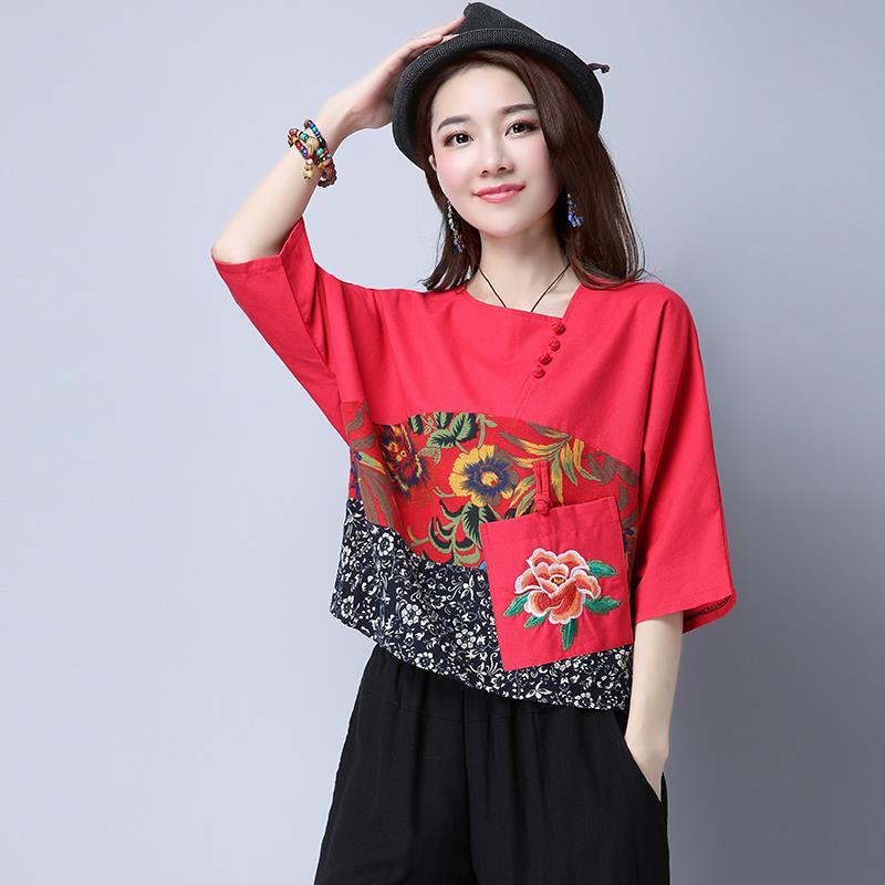 Áo Sơ Mi Lanh cotton Tay Lửng Dáng Rộng Thêu Hoa Tương Phản Thoáng Khí Phong Cách Dân Tộc plus size Cho Nữ 2023 lf10.13