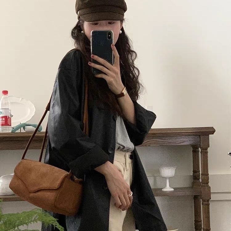 Túi Đeo Vai Da Lộn Màu Nâu Phong Cách Hàn Quốc Thời Trang Thu Đông Mới