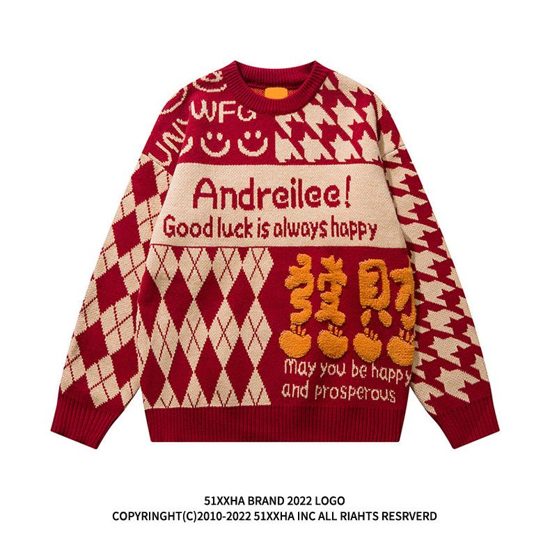 Áo sweater Dáng Rộng Màu Đỏ Phong Cách Giáng Sinh Năm Mới Dành Cho Cặp Đôi Nam Nữ