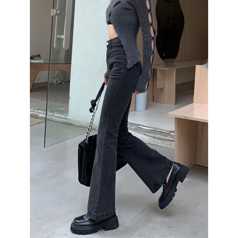 Đen Quần Jean Ống Loe Lưng Cao Co Giãn Thời Trang Thu Đông 2022 Dành Cho Nữ
