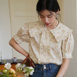 Hàng Mới Về Mới Áo Sơ Mi Ngắn Tay Cổ Búp Bê In Hoa Phong Cách Retro Thời Trang Cho Nữ