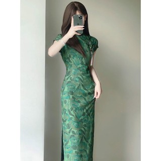 Sườn xám cách tân dáng dài chiết eo in họa tiết phong cách trung hoa cổ điển 9.21