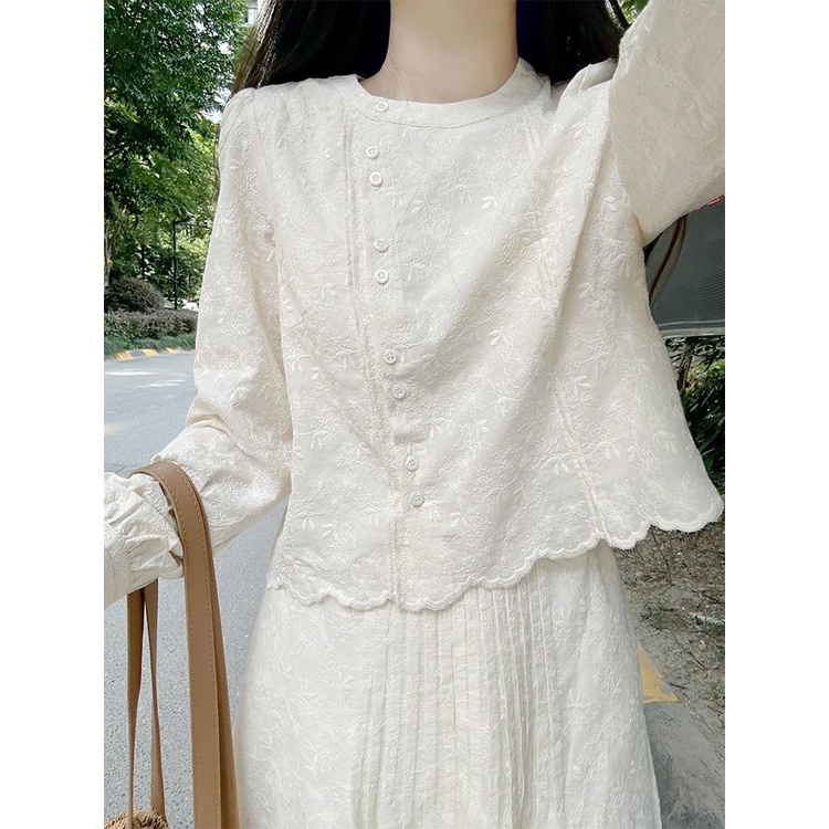 23 Bộ Áo Sơ Mi Tay Dài + Chân Váy Ren Lưng Cao Thêu Họa Tiết Phong Cách Pháp Cổ Điển Thời Trang Cho Nữ