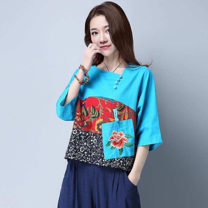Áo Sơ Mi Lanh cotton Tay Lửng Dáng Rộng Thêu Hoa Tương Phản Thoáng Khí Phong Cách Dân Tộc plus size Cho Nữ 2023 lf10.13