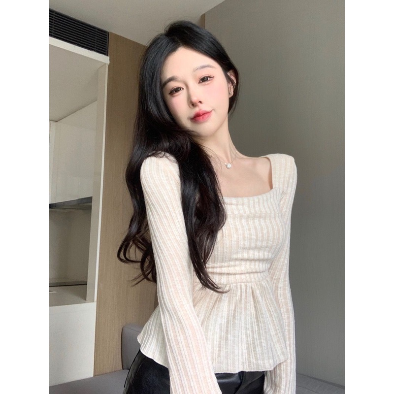 Áo Thun Tay Dài Cổ Vuông Dáng Ôm Thời Trang Mùa Thu Cho Nữ