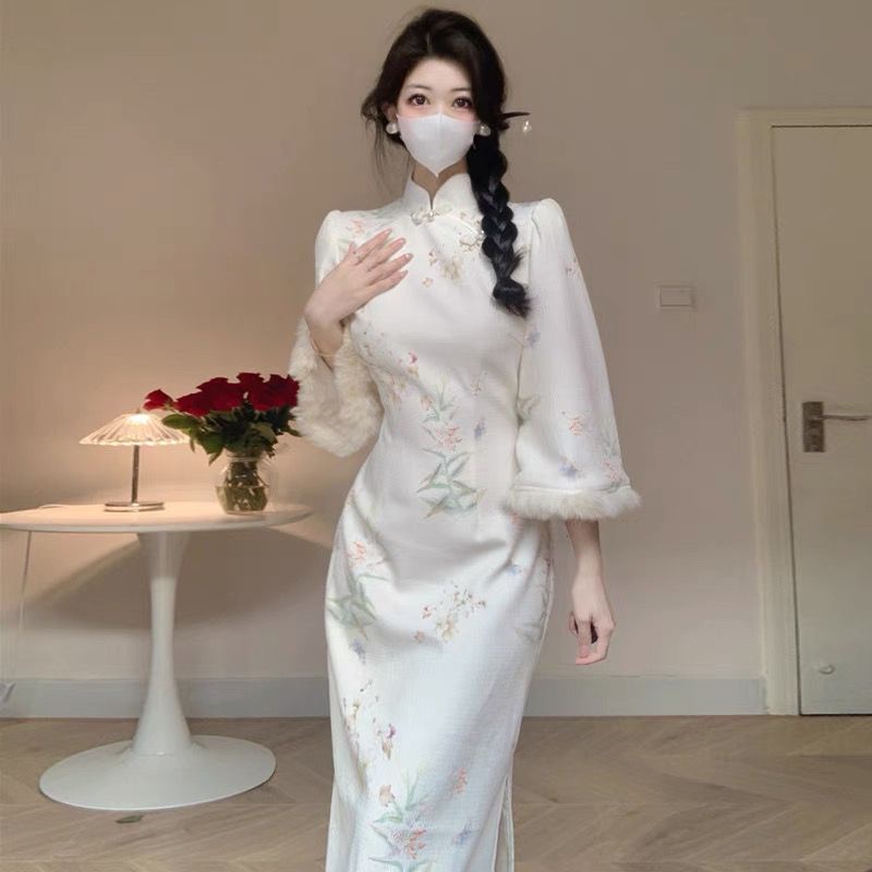 Đầm Sườn Xám Cách Tân Lông Nhung Tay Phồng Đính Nút Ngọc Trai Phong Cách Trung Hoa Cổ Điển Mới 11.17