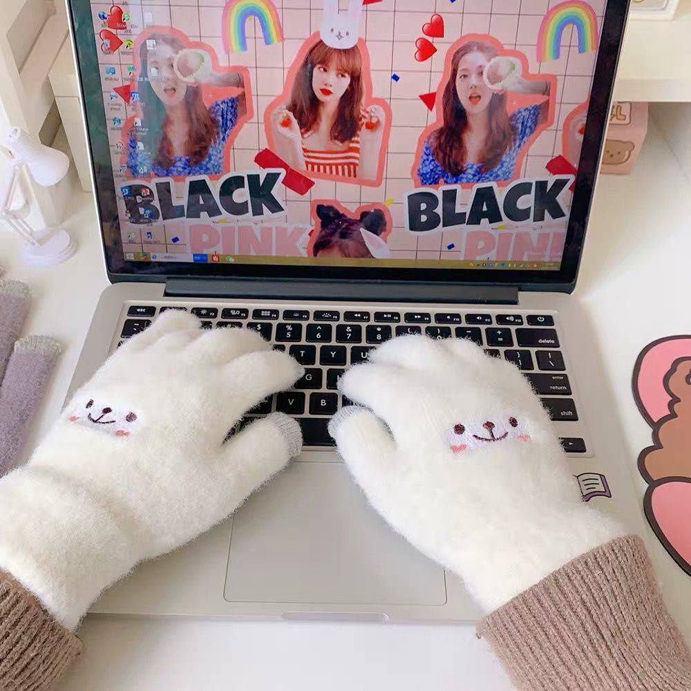 Găng Tay Len Hở Ngón Giữ Ấm Mùa Đông Có Thể Chạm Màn Hình Cảm Ứng Họa Tiết Hoạt Hình