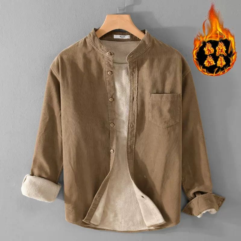 Áo Sơ Mi Tay Dài Cổ Đứng Lót Nhung Giữ Ấm Phong Cách retro Thời Trang Thu Đông Cho Nam