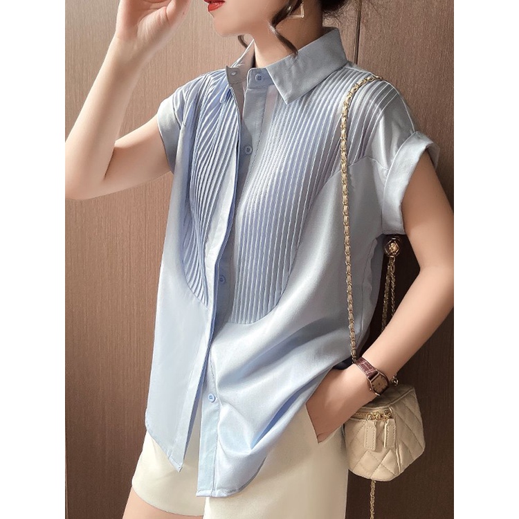 ❤❤Áo Sơ Mi chiffon Tay Ngắn Dáng Rộng Xếp Ly Thời Trang Chuyên Nghiệp Cho Nữ❤9.12
