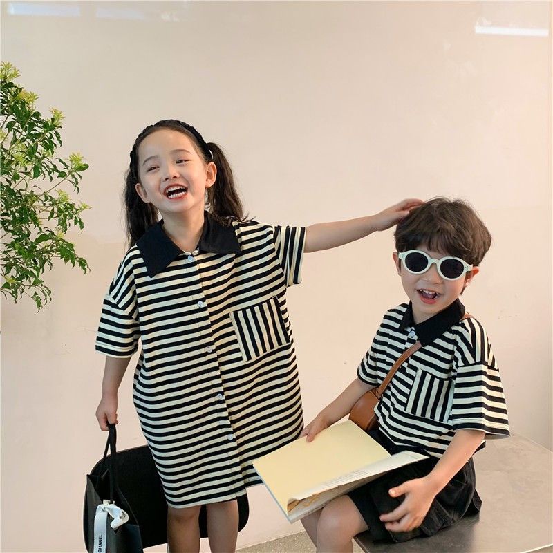Đầm Thun polo Ngắn Tay Họa Tiết Kẻ Sọc Thời Trang Mùa Hè Hàng Mới Dành Cho Trẻ Em Gái / Bé Trai / Bé Gái