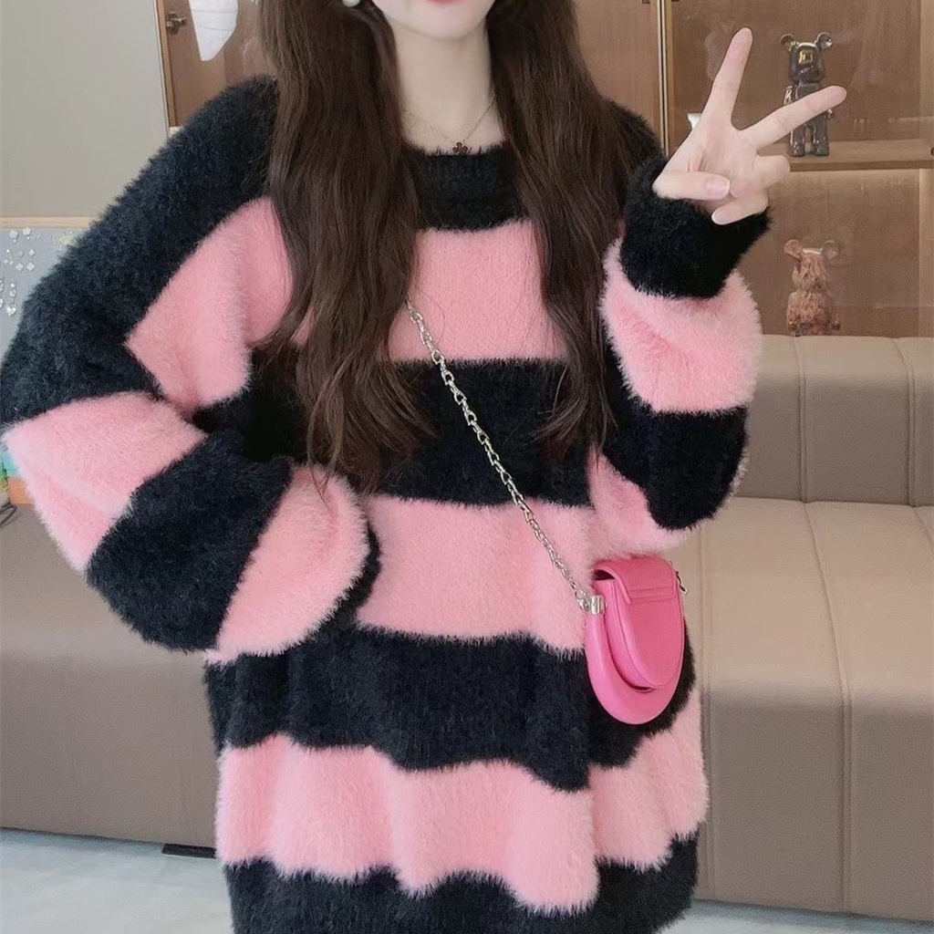 Áo sweater Giả Nhung Dáng Rộng Họa Tiết Kẻ Sọc Màu Tương Phản Thời Trang Thu Đông 2023 Cho Nữ