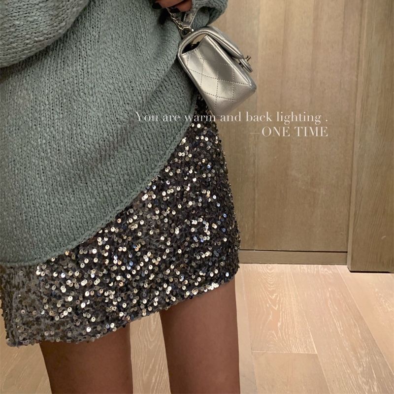 Chân Váy Ngắn Lưng Cao Dáng Ôm Màu Đen Đính Kim Sa Lấp Lánh Thời Trang Mùa Thu Cho Nữ