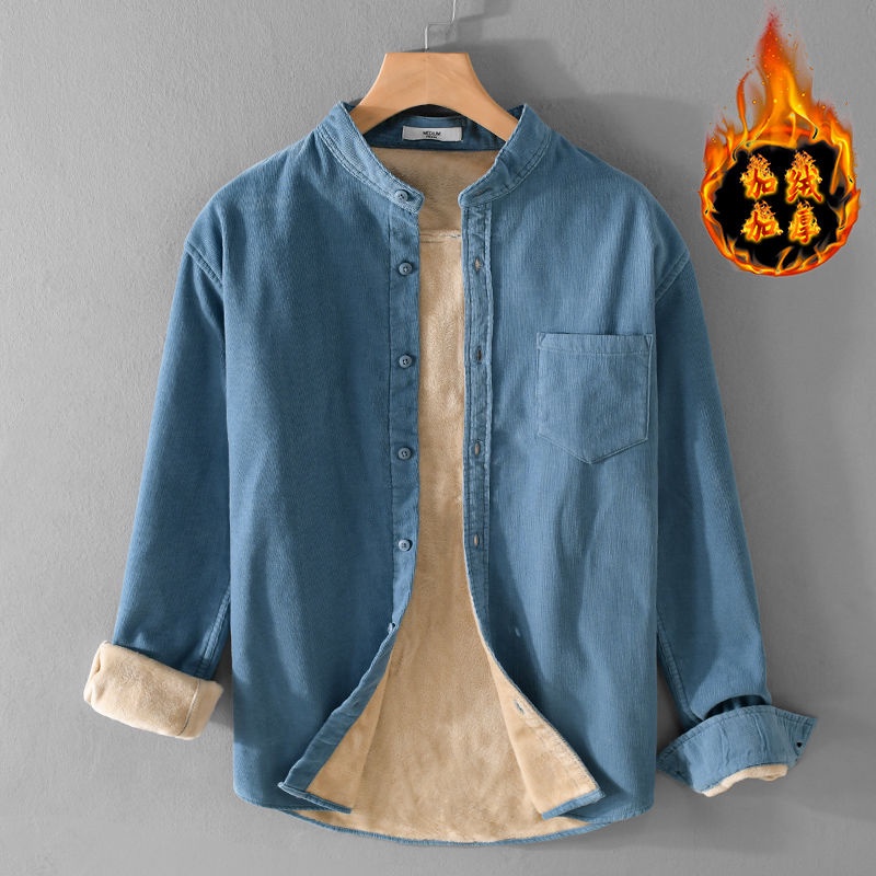 Áo Sơ Mi Tay Dài Cổ Đứng Lót Nhung Giữ Ấm Phong Cách retro Thời Trang Thu Đông Cho Nam