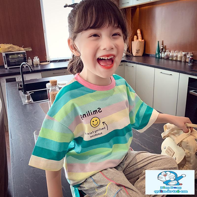 Áo Thun Tay Ngắn Họa Tiết Kẻ Sọc Màu Sắc Tương Phản Phong Cách Hàn Quốc Thời Trang Mùa Hè Xinh Xắn Cho Bé Gái