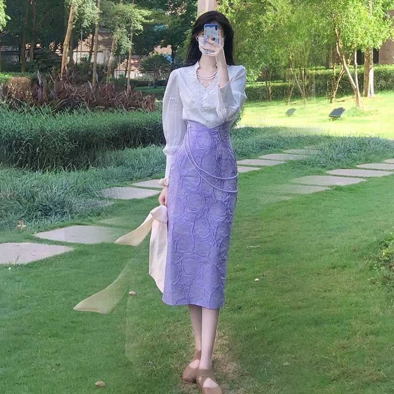 Hàng Có Sẵn Set Áo Sơ Mi Và Chân Váy Lửng Màu Tím Phong Cách Hoàng Gia Hồng Kông Cổ Điển Mùa Thu 2023