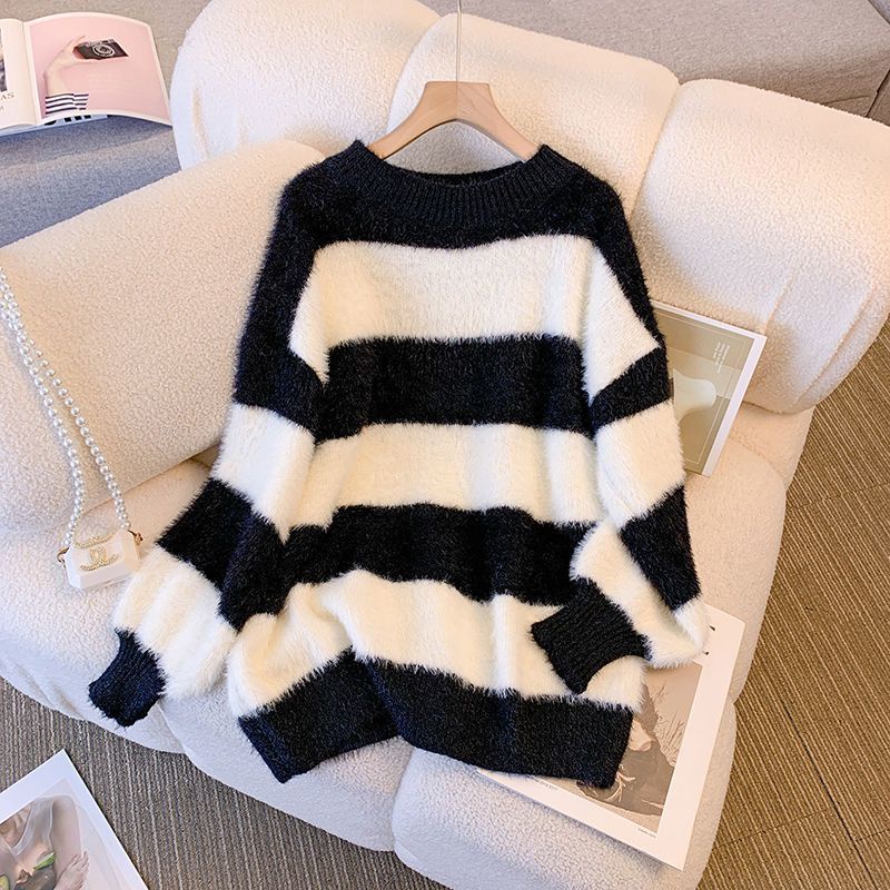 Áo sweater Giả Nhung Dáng Rộng Họa Tiết Kẻ Sọc Màu Tương Phản Thời Trang Thu Đông 2023 Cho Nữ
