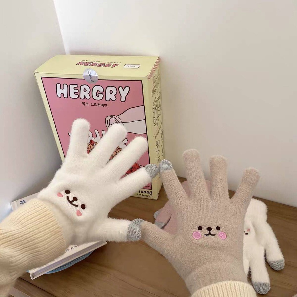 Găng Tay Len Hở Ngón Giữ Ấm Mùa Đông Có Thể Chạm Màn Hình Cảm Ứng Họa Tiết Hoạt Hình