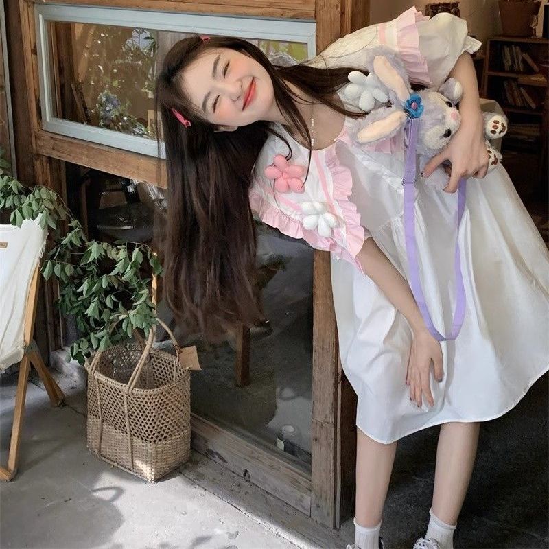 Đầm Tay Phồng Cổ Búp Bê Phối Màu Tương Phản Thời Trang Kiểu Pháp 2023 Cho Nữ#0907