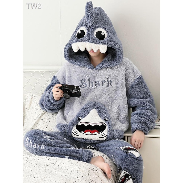 Bộ Đồ Ngủ Lông Cừu San Hô Dày Dặn In Hoạt Hình Thời Trang Thu Đông Cho Nam