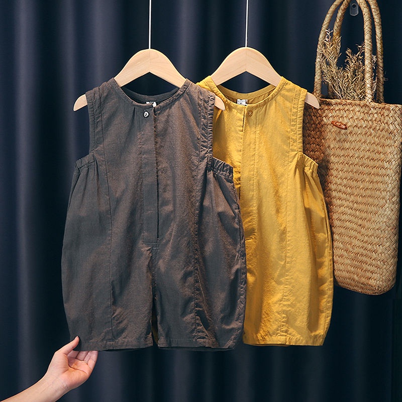 Bộ Áo Liền Quần Bằng cotton linen Dáng Rộng Phong Cách Hàn Quốc Thời Trang Mùa Hè Dành Cho Bé Trai Gái
