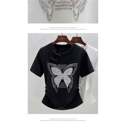 Áo Thun 40% Cotton Dáng Ôm In Hình Bướm Đính Đá Phong Cách Phương Tây Cho Nữ