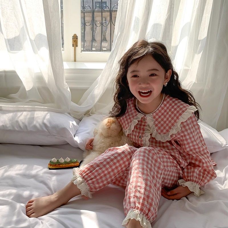 Bộ Đồ Ngủ Pijama Tay Dài Cổ Búp Bê Phong Cách Phương Tây Thời Trang Xuân Thu Cho Bé Gái