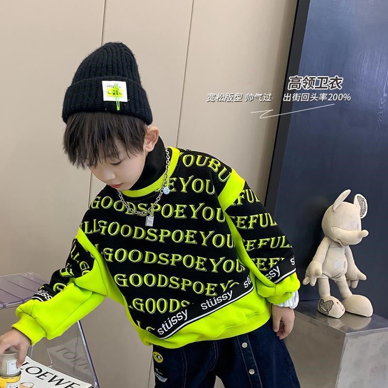 Áo sweatshirt Dày Lót Lông Cừu Cổ Cao Phong Cách Đường Phố Hàn Quốc Thời Trang Thu Đông Cho Bé Trai