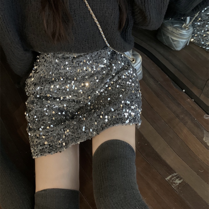 Chân Váy Ngắn Lưng Cao Dáng Ôm Màu Đen Đính Kim Sa Lấp Lánh Thời Trang Mùa Thu Cho Nữ