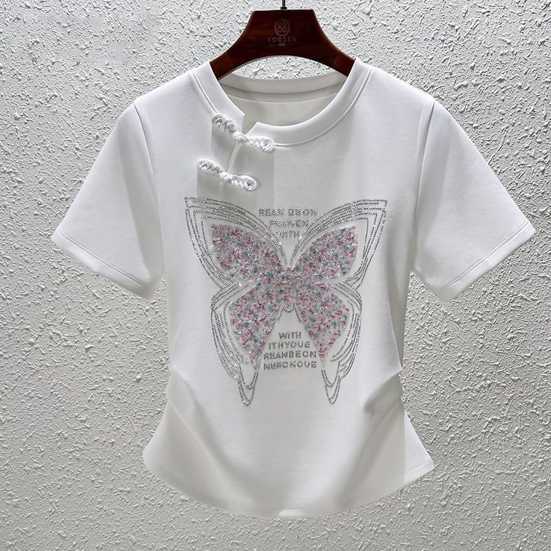 Áo Thun 40% Cotton Dáng Ôm In Hình Bướm Đính Đá Phong Cách Phương Tây Cho Nữ