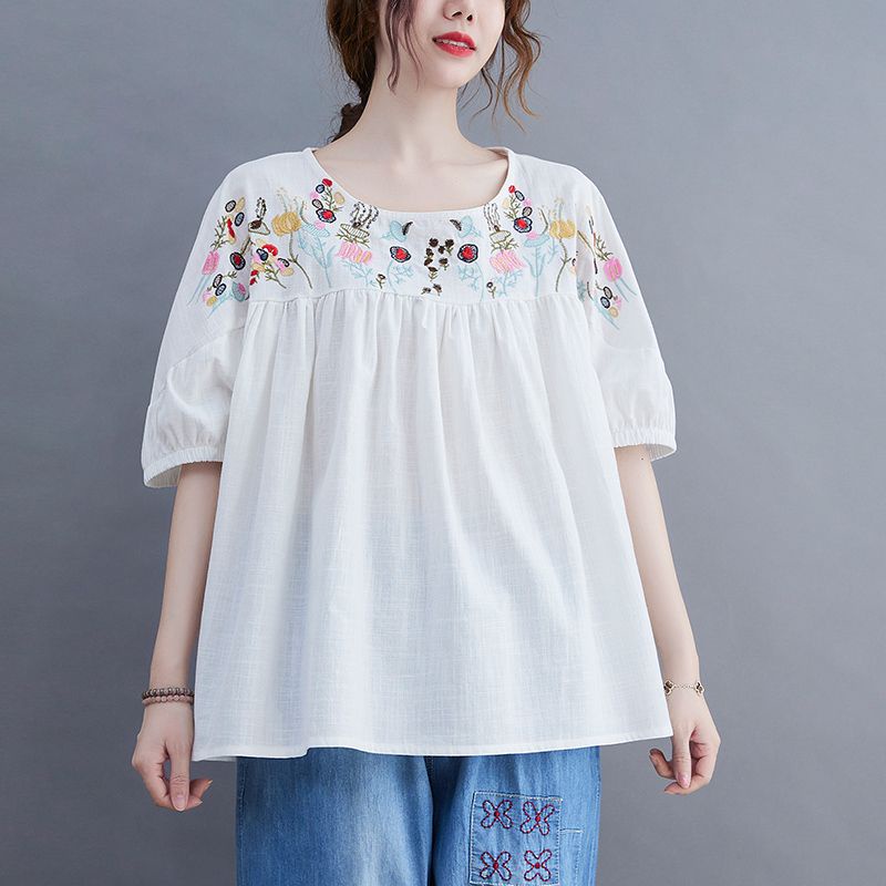 Áo Sơ Mi cotton Nguyên Chất Dáng Rộng Tay Ngắn Thêu Họa Tiết Dân Tộc Thời Trang Cho Nữ 2023 lf10.13