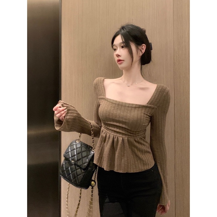 Áo Thun Tay Dài Cổ Vuông Dáng Ôm Thời Trang Mùa Thu Cho Nữ