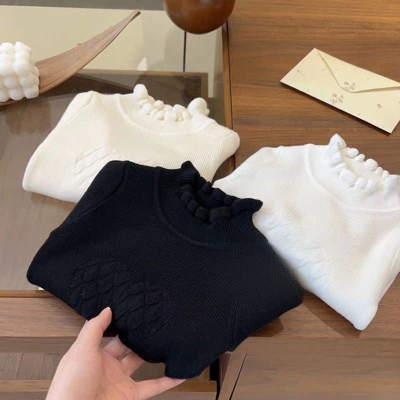 Áo sweater Dệt Kim Tay Dài Cổ Lọ Co Giãn Màu Trơn Phong Cách Mới Mùa Thu Cho Bé Gái