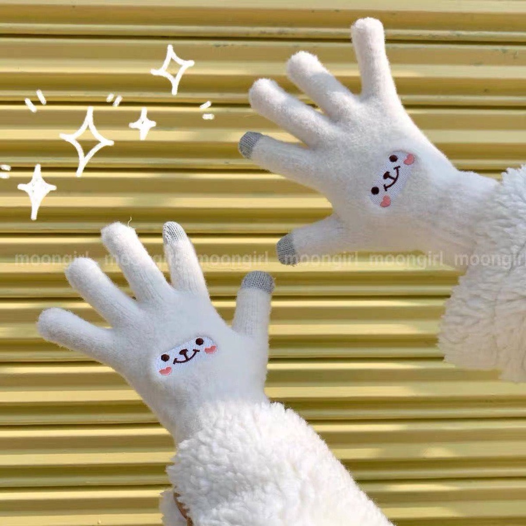 Găng Tay Len Hở Ngón Giữ Ấm Mùa Đông Có Thể Chạm Màn Hình Cảm Ứng Họa Tiết Hoạt Hình