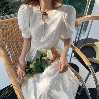Hàng Mới Về Yan 'S house Hàng Mới Về Đầm Trắng Dáng Dài Tay Ngắn Phối Ren Ôm Eo Kiểu Pháp Thanh Lịch Thời Trang Mùa Hè
