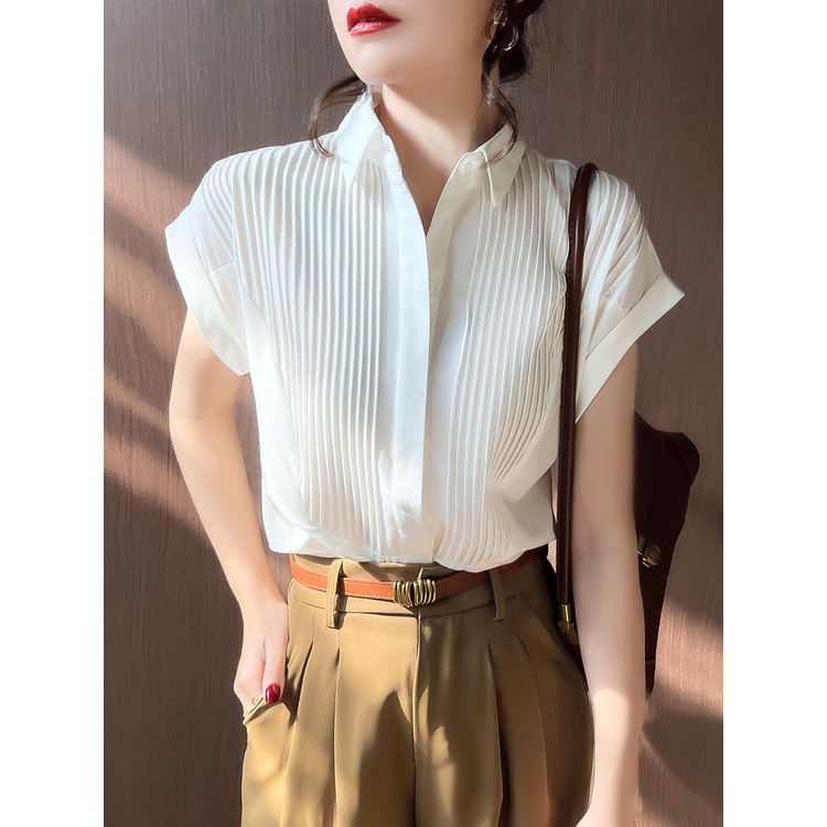 ❤❤Áo Sơ Mi chiffon Tay Ngắn Dáng Rộng Xếp Ly Thời Trang Chuyên Nghiệp Cho Nữ❤9.12