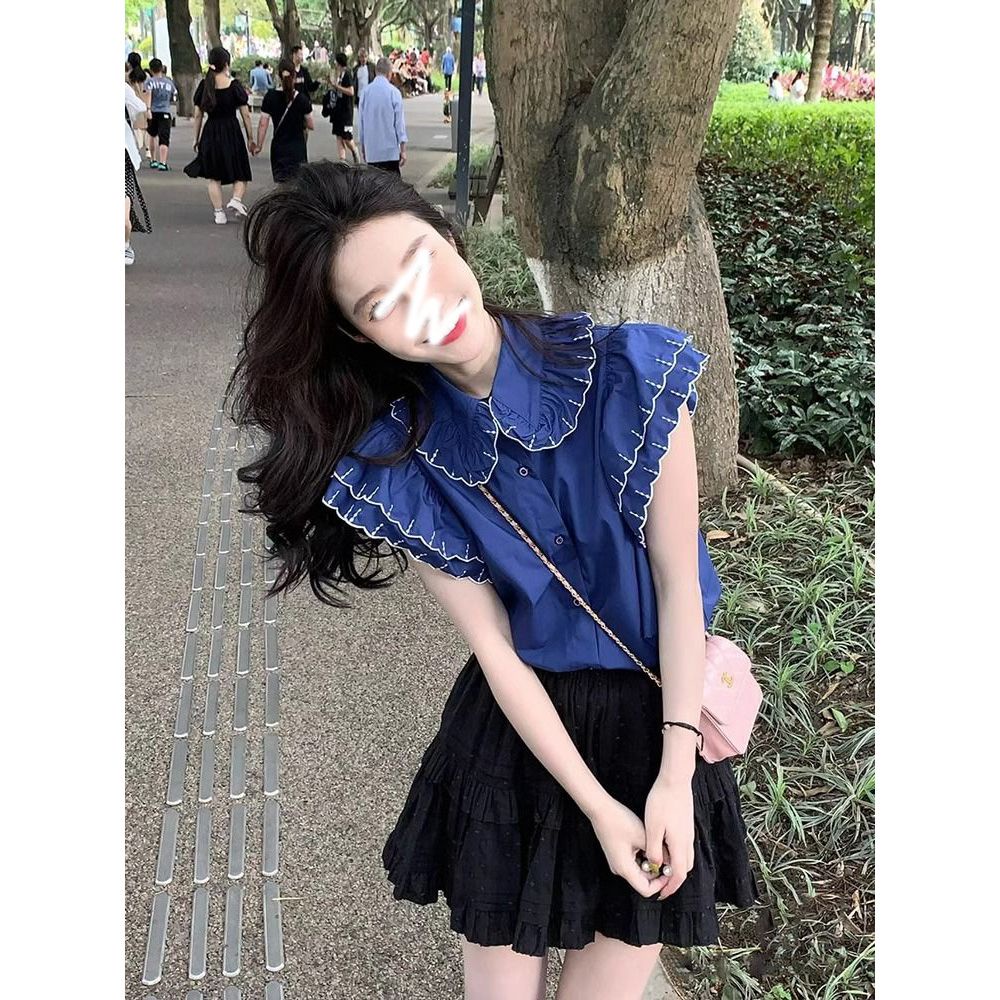 Áo Sơ Mi Cổ Búp Bê Phong Cách Đường Phố Pháp Thời Trang Mùa Hè Cho Nữ