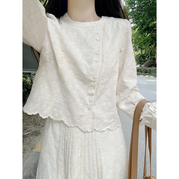 23 Bộ Áo Sơ Mi Tay Dài + Chân Váy Ren Lưng Cao Thêu Họa Tiết Phong Cách Pháp Cổ Điển Thời Trang Cho Nữ