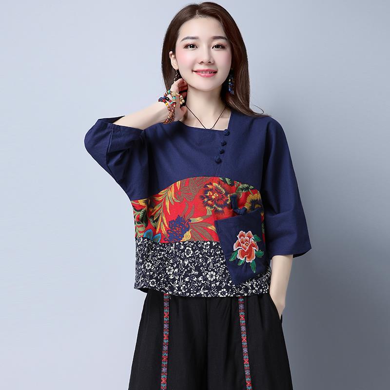 Áo Sơ Mi Lanh cotton Tay Lửng Dáng Rộng Thêu Hoa Tương Phản Thoáng Khí Phong Cách Dân Tộc plus size Cho Nữ 2023 lf10.13