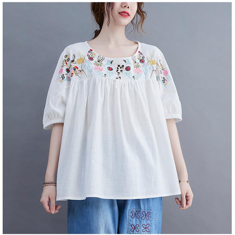 Áo Sơ Mi cotton Nguyên Chất Dáng Rộng Tay Ngắn Thêu Họa Tiết Dân Tộc Thời Trang Cho Nữ 2023 lf10.13